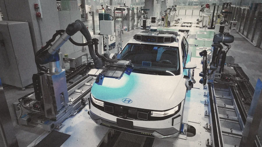 A car on an automated assembly line, flanked by robot arms