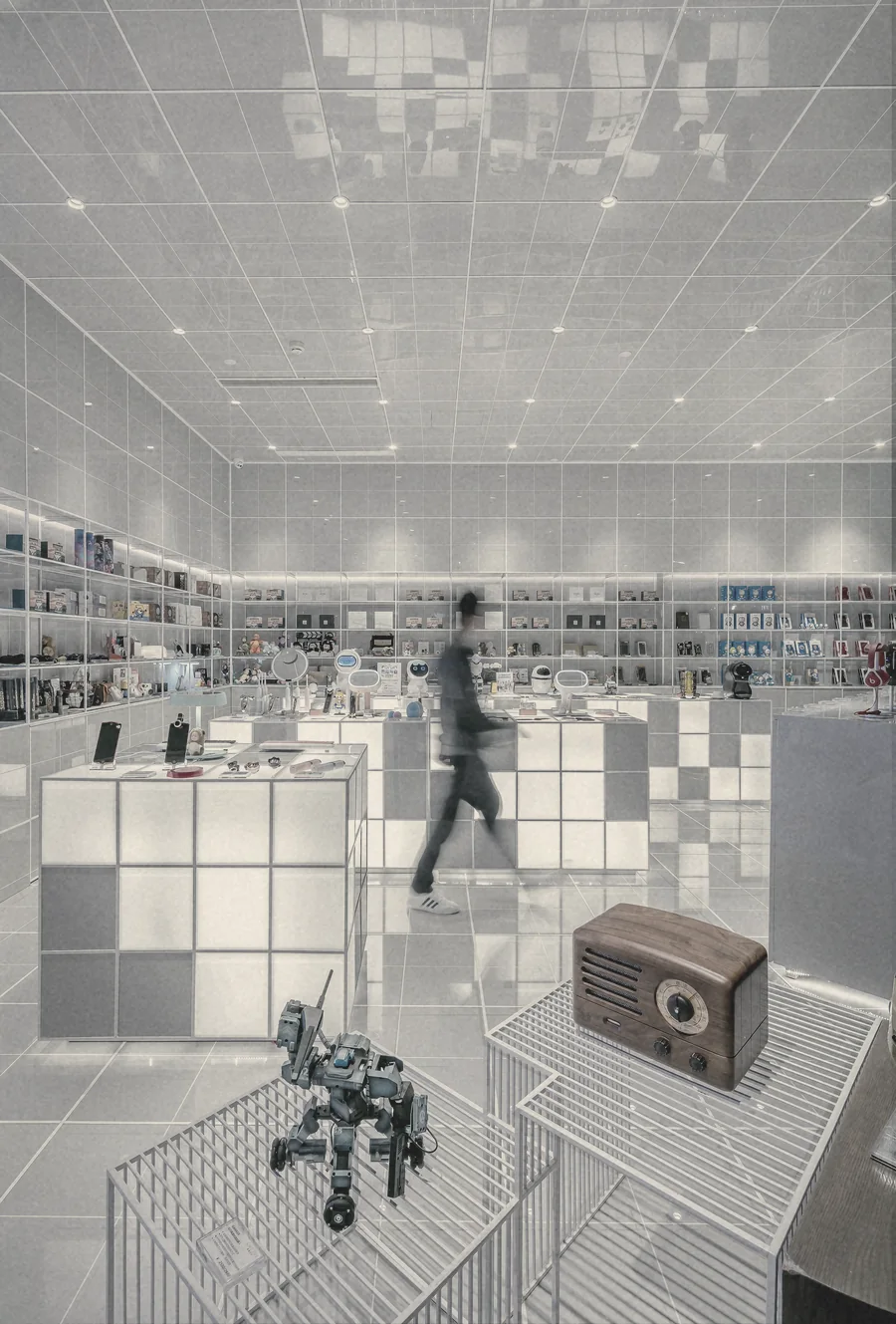 A shopper walking through a bright, open store