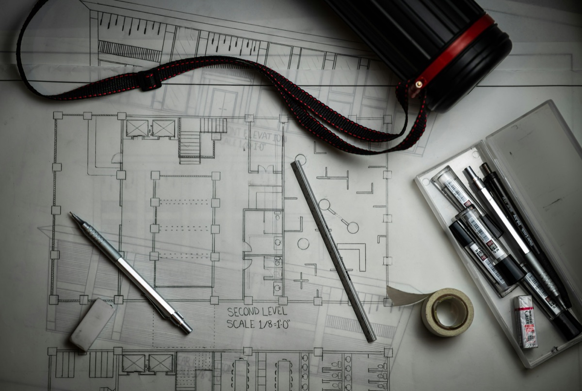 Engineering drawings on a desk