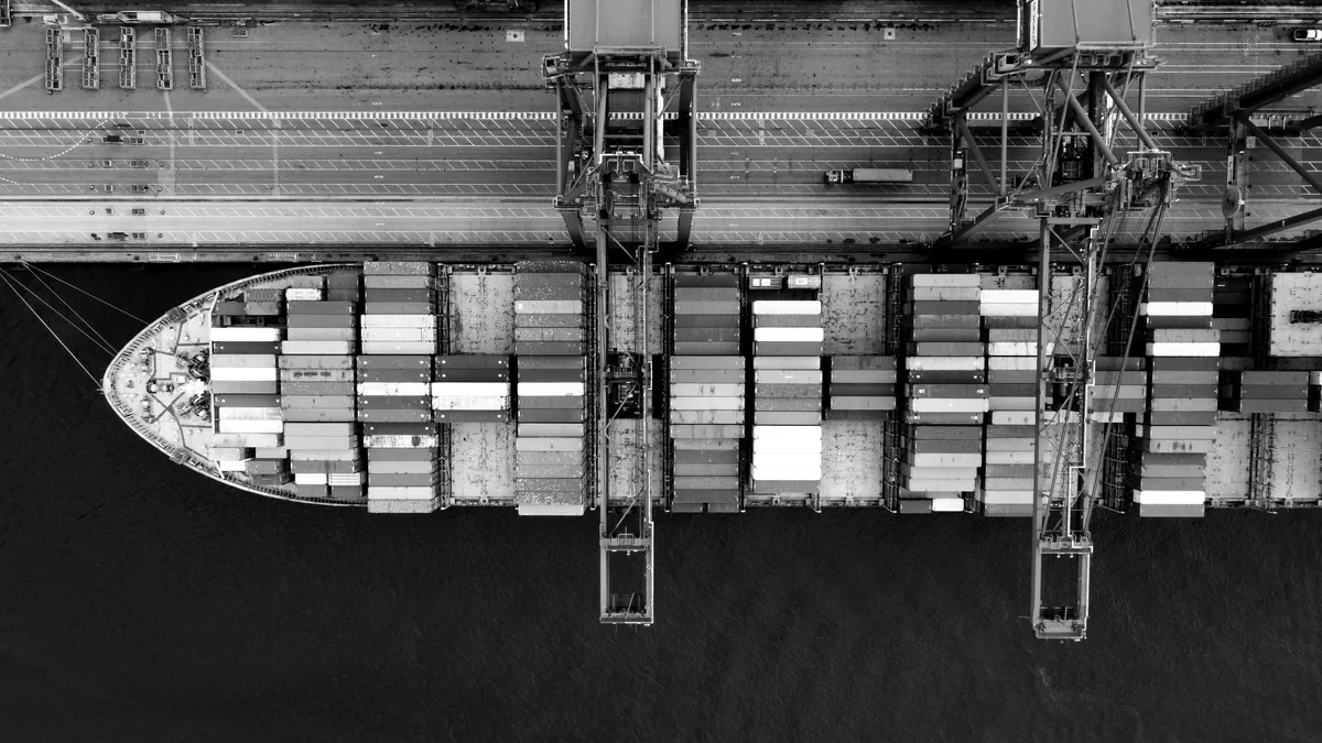 Container ship at port, from above